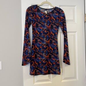 Gonza Long Sleeve Mini Dress in Blue and Orange Swirl